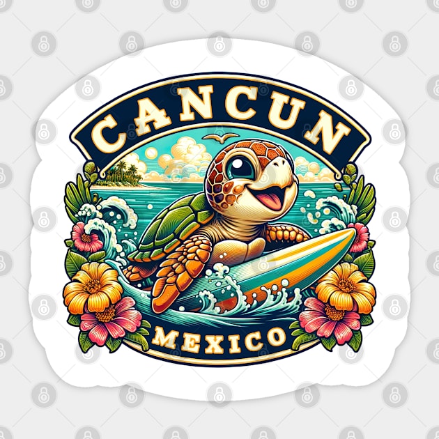 Cancun Mexico Cute Sea Turtle Surfing Sticker by grendelfly73